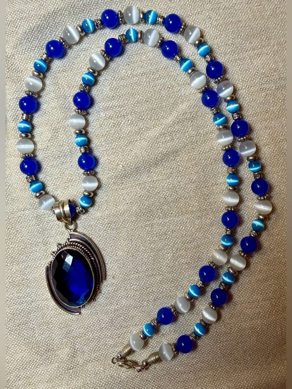 925 Sterling Silver Blue Faceted Pendant Cat’s Eye Glass Beaded Necklace